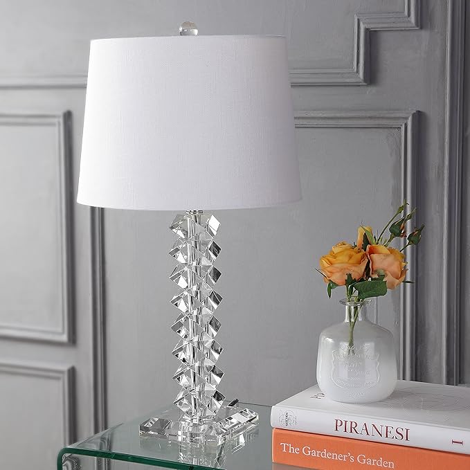 JONATHAN Y 25.5" Clear Faceted Crystal Table Lamp, Modern Glam Chrome Bedside Lamp with White Linen Drum Shade for Living Room Bedroom, UL Listed, LED Bulb Included JYL2013A