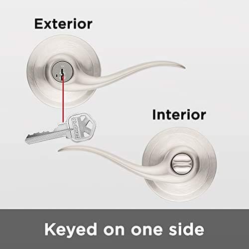 Kwikset Tustin Entry Door Handle with Lock and Key, Secure Keyed Reversible Lever Exterior, For Front Entrance and Bedrooms, Satin Nickel, Pick Resistant Smartkey Rekey Security and Microban