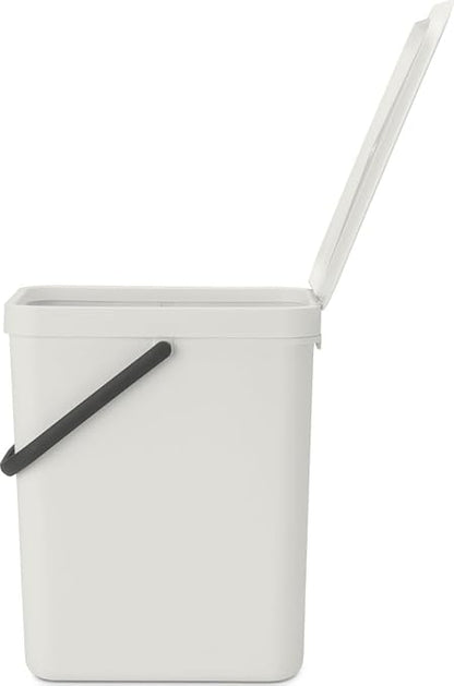 Brabantia Sort & Go Kitchen Recycling Bin | M / 6.6 Gal / 25L | Light Gray | Removable Stay-Open Lid, Carry Handle | Trash Can for Bottles, Cans, Paper, Glass | Wall-Mounting Bracket Sold Separately