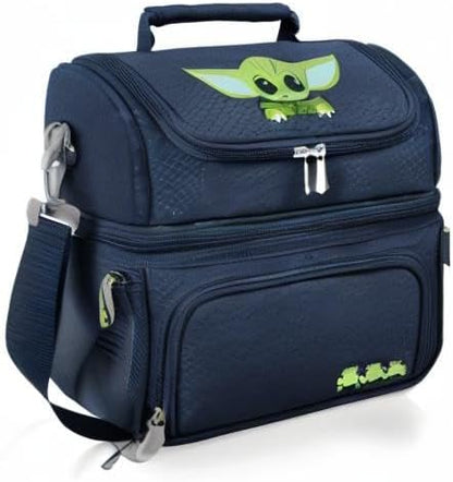 PICNIC TIME Star Wars Mandalorian Grogu Pranzo Insulated Lunch Box, Soft Sided Cooler Bag with Utensil Set, Dual Compartment Lunch Tote, (Navy Blue)