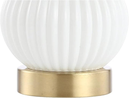 JONATHAN Y 20" White/Brass Gold Ribbed Gourd Glass Table Lamp, Modern Bedside Lamp for Bedroom Living Room, White Linen Drum Shade, LED Bulb Included JYL1099A