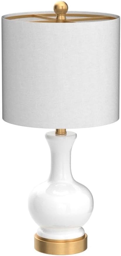 JONATHAN Y 22" White Modern Glass Table Lamp Set of 2, Brass Gold Bedside Lamp with White Linen Shade for Bedroom Living Room, LED Bulbs Included JYL4033A-SET2