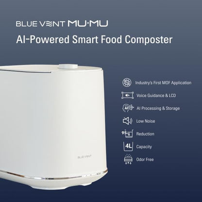 THINKWARE BLUEVENT MUMU Smart AI Electric Food Composter, 4L Capacity, Odorless, Quiet 20 dB, Green Mode, on Kitchen Countertop, Only Takes 4-8 Hours to Turn Food Waste into Compost (Composter)