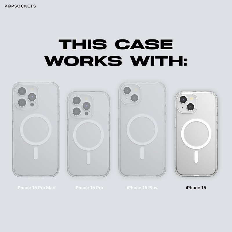 PopSockets iPhone 15 Case with Round Phone Grip Compatible with MagSafe, Phone Case for iPhone 15, Wireless Charging Compatible - White Opalescent