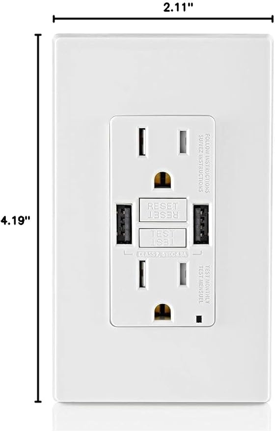 Leviton 15A SmartlockPro GFCI Combination Type A USB In-Wall Charger Outlet, USB Charger for Smartphones and Tablets, GUSB1-W, White