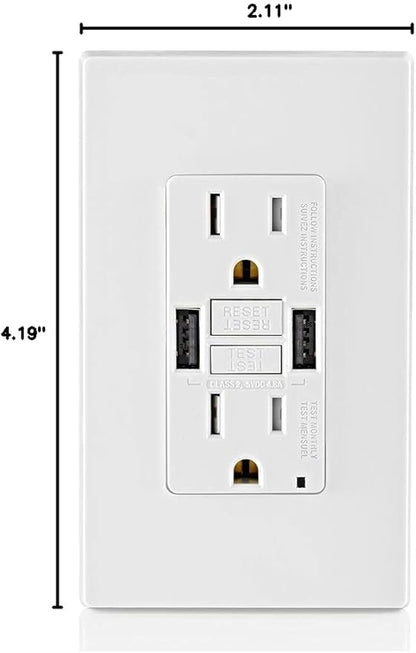 Leviton 15A SmartlockPro GFCI Combination Type A USB In-Wall Charger Outlet, USB Charger for Smartphones and Tablets, GUSB1-W, White