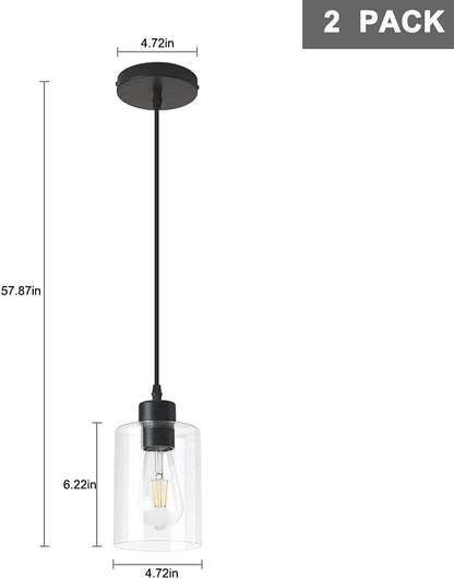 Modern Black Farmhouse Clear Glass Cylinder Pendant Light Fixture,Island Lights for Kitchen,Mini Pendant Lighting for Kitchen Island Decor - 4.75 Inch Shade 58 Inch Cord (Black 2 Pack)