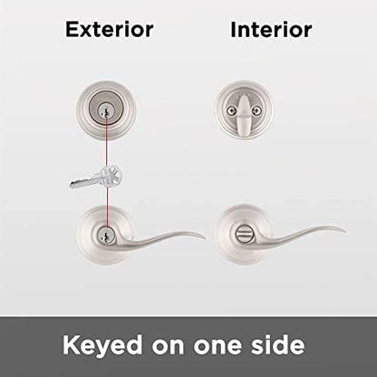 Kwikset 991 Tustin Entry Lever and Single Cylinder Deadbolt Combo Pack featuring SmartKey in Satin Nickel, Model Number: 99910-040