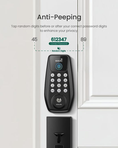 DESLOC C110 Keyless Entry Door Lock with Handle Set&Display (Smart Screen), Fingerprint Door Locks, Keypad Deadbolt, Auto-Lock, Backlit Keys, Passage Mode, IP54 Waterproof
