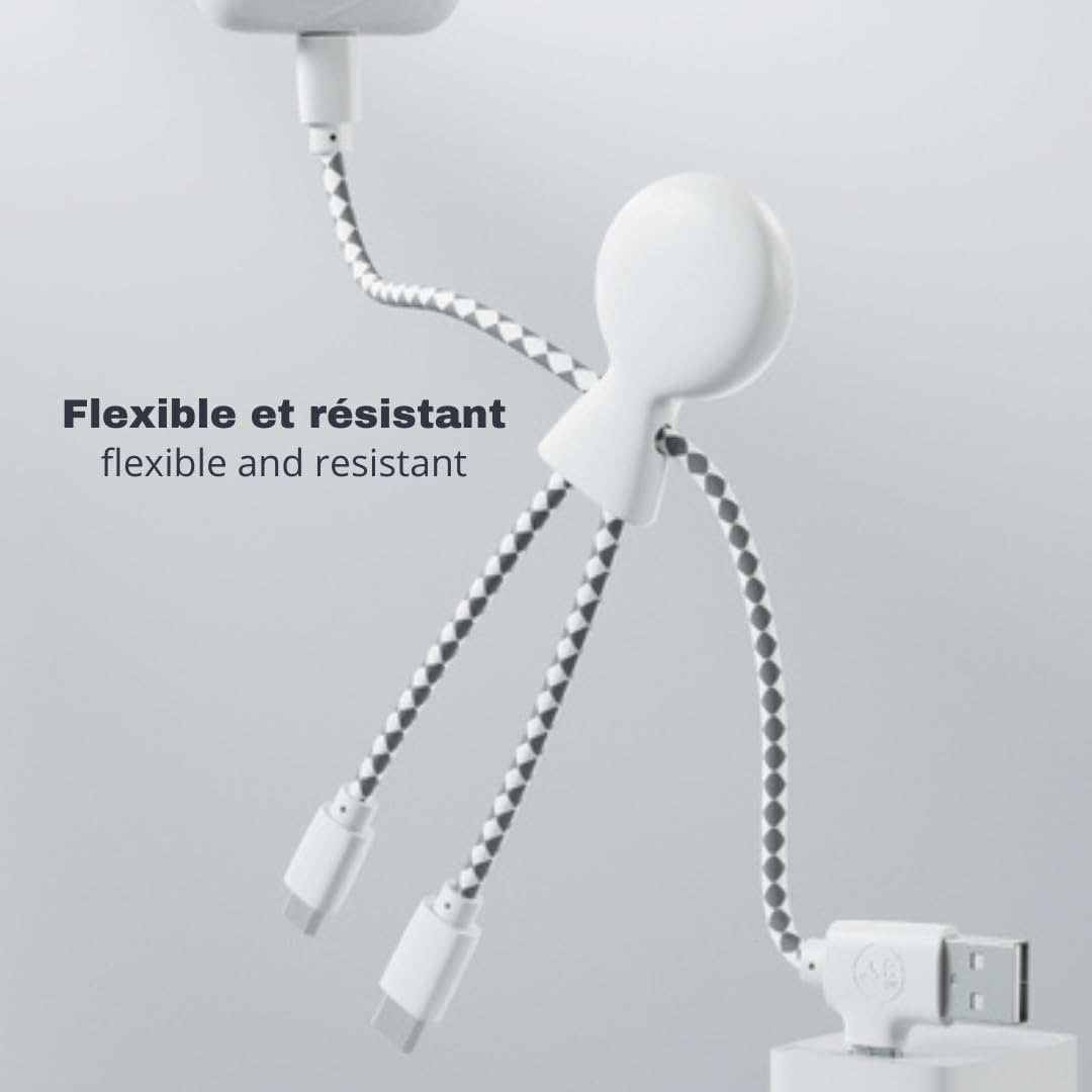 Multi USB Cable 4 in 1 - Universal Charger Made from Recycled Plastic - USB, USB-C, Lighting, Micro USB Ports - Compatible with All Smartphones Mr Bio White Octopus