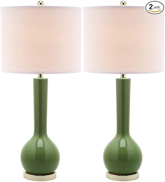 SAFAVIEH Lighting Collection Mae Long Neck Modern Contemporary Green Ceramic 31-inch Bedroom Living Room Home Office Desk Nightstand Table Lamp Set of 2 (LED Bulbs Included)