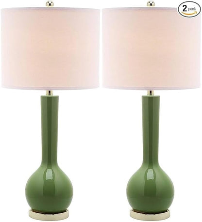 SAFAVIEH Lighting Collection Mae Long Neck Modern Contemporary Green Ceramic 31-inch Bedroom Living Room Home Office Desk Nightstand Table Lamp Set of 2 (LED Bulbs Included)