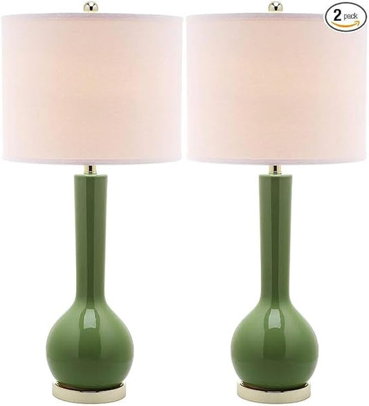 SAFAVIEH Lighting Collection Mae Long Neck Modern Contemporary Green Ceramic 31-inch Bedroom Living Room Home Office Desk Nightstand Table Lamp Set of 2 (LED Bulbs Included)