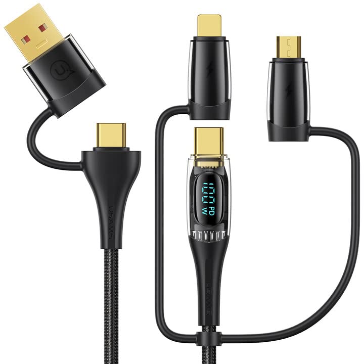 USB C to Multi Charging Cable, USAMS 100W 6.6FT 5A Type C to Type C Fast Charger Charging Cord with LED Display 5-in-1 C/A to C/Micro/IP Sync Charger Adapter Compatible for Laptop/Tablet/Phone