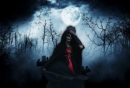 AOFOTO 9x6ft Moon Night Halloween Cemetery Photography Backdrop Flying Bats Birds Stand on Gravestone Cross Graveyard in Dark Forest Photo Background Cloth Vinyl Wallpaper Photo Studio Props