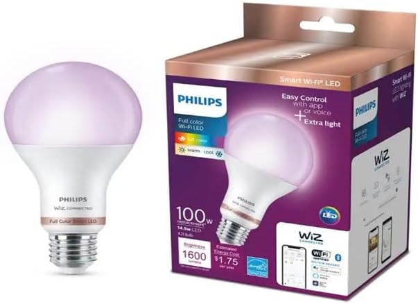 Philips Color and Tunable White A21 LED High Lumen 100W Equivalent Dimmable Smart Wi-Fi Wiz Connected Light Bulb, Compatible with Alexa, Google Assistant, and Siri Shortcuts (2-Pack) (9290024493)