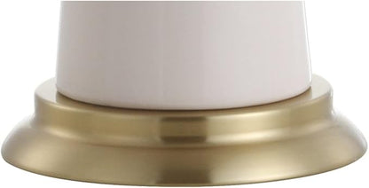 JONATHAN Y 29" Cream Modern Ceramic Column Table Lamp with Brass Gold Base, Elegant Bedside Lamp for Living Room Bedroom Nightstand, White Linen Shade, LED Bulb Included JYL3046A