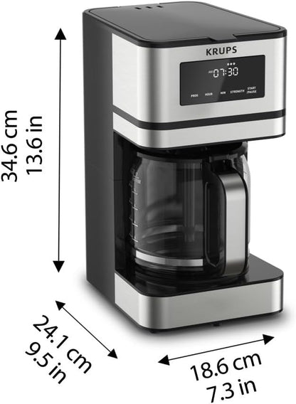 KRUPS Simply Brew: Stainless Steel and Glass Carafe 12 Cup Drip Coffee Maker, Programmable with Digital Display, Dishwasher Safe, Drip Free Coffee Machine, Black and Silver