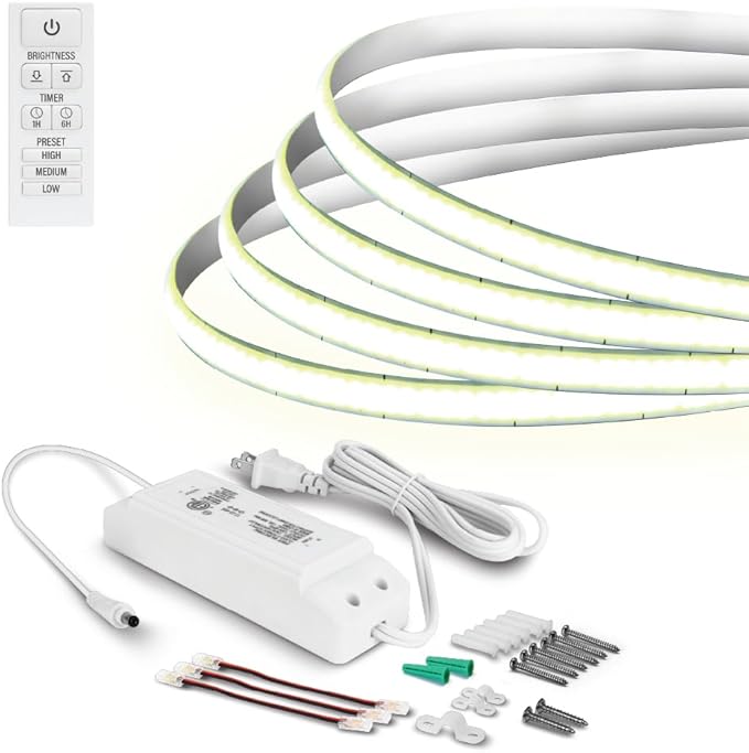 Feit Electric 16 ft LED COB Tape Light, 2950 Lumens Total, 3000K Bright White, Dimmable with Included Remote, Plug-in or Direct Wire Installation, Ultrathin Continuous Strip Lighting, TAPE192/COB/LED