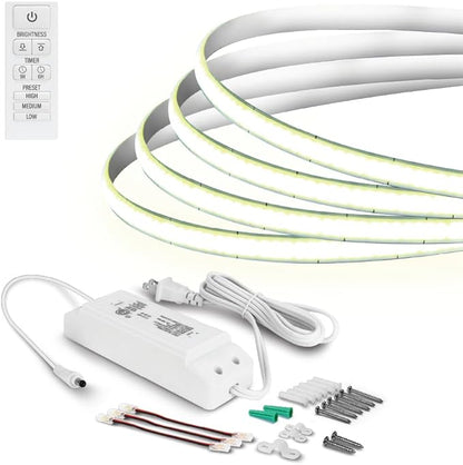 Feit Electric 16 ft LED COB Tape Light, 2950 Lumens Total, 3000K Bright White, Dimmable with Included Remote, Plug-in or Direct Wire Installation, Ultrathin Continuous Strip Lighting, TAPE192/COB/LED