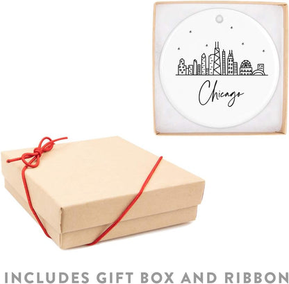Andaz Press Round Ceramic Porcelain Christmas Tree Ornament Keepsake, Chicago Black and White Stars City Skyline Graphic, 1-Pack, Birthday Gift Idea for Family, Coworker, Him, Her, Includes Gift Box