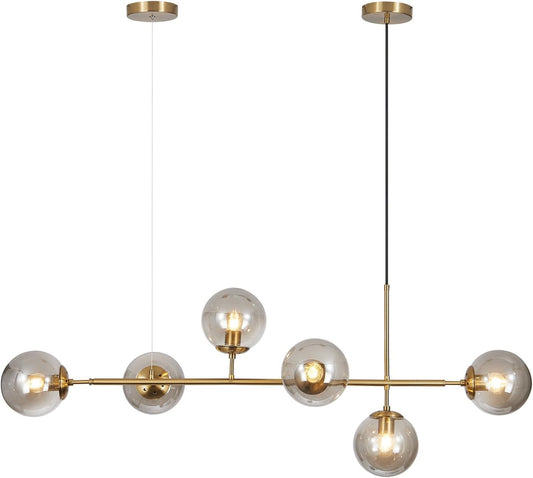 KCO Lighting 6-Light Modern Globe Sputnik Chandelier Brass Gold Linear Pendant Chandelier Lighting Smoke Glass Dining Room Chandelier Mid Century Sputnik Island Lights for Kitchen Living Room
