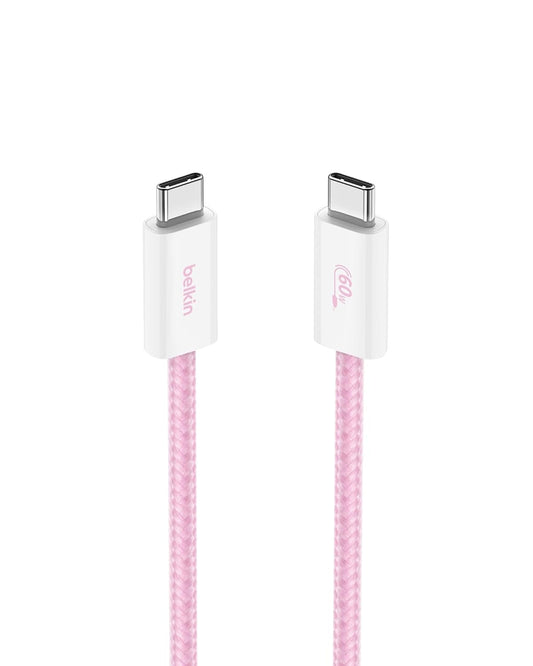 Belkin USB C to USB C Cable, 3.3ft, 60W - Type C Charger, iPhone Charger Cord, Soft, Braided, Flexible for iPhone 16, Galaxy S25, Pixel 9, Airpods, iPad Pro, Tablet & More, Travel Essentials - Pink