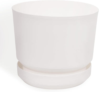 Elly Décor 10 inch Plastic Cylinder Planter Pot with Self-Watering Saucer and Drainage Hole,Lightweight & Extremely Durable, 10"x 10", White
