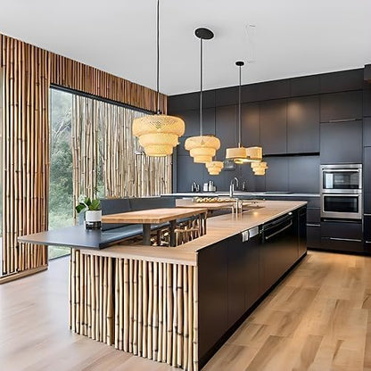 Bamboo Pendant Light,18.5" Boho Rattan Hanging Light 3-Tier Hand Woven Wicker Chandelier for Kitchen Island for Kitchen Island Dining Bedroom Living Room Restaurants