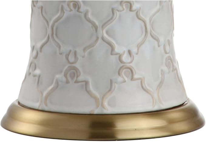 JONATHAN Y 29" Cream Textured Ceramic Table Lamp, Transitional Quatrefoil Trellis Design with White Linen Drum Shade and Brass Accents for Living Room, LED Bulb Included JYL4024A