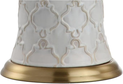 JONATHAN Y 29" Cream Textured Ceramic Table Lamp, Transitional Quatrefoil Trellis Design with White Linen Drum Shade and Brass Accents for Living Room, LED Bulb Included JYL4024A