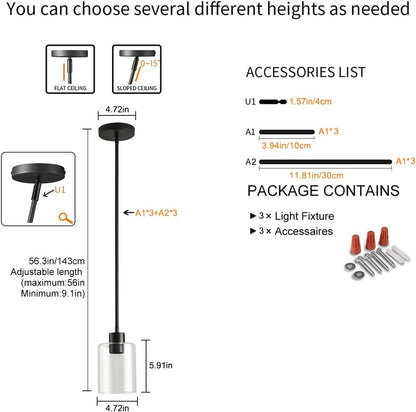 Black Pendant Lights Kitchen Island - Clear Glass Pendant Light Fixture Multiple Stems Rods 3 Units 12 Inch 3 Units 4 Inch (Black 3 Pack Stem Rod)