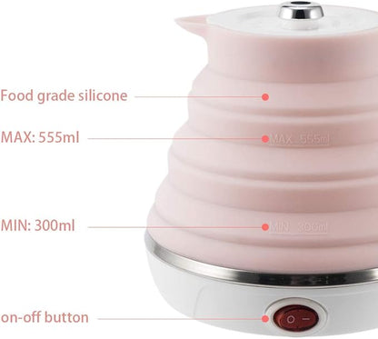 Ultrathin Upgraded Food Grade Silicone Travel Foldable Electric Kettle Boil Dry Protection Portable with Dual Voltage and Separable Power Cord,555ML 110-220V US Plug