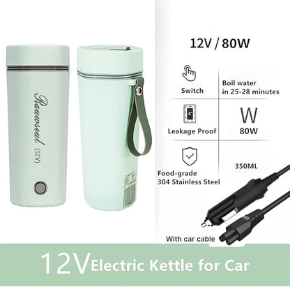 Portable Electric Travel Kettle, 350ml, BPA-Free & Food-Grade 304 Stainless Steel, Heats to 98°C, One-Button Operation & Auto Shut-Off, 12V/7A 80W Car Kettle for Car, Truck, RV