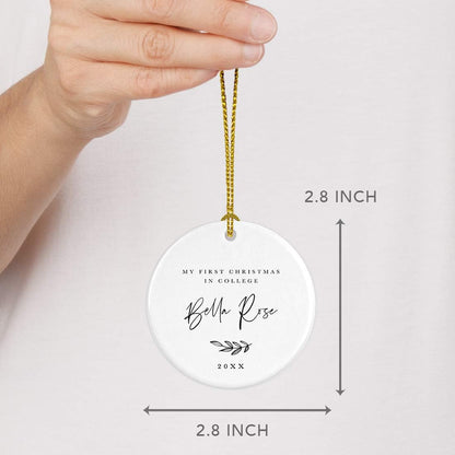 Andaz Press Personalized Round Ceramic Porcelain Christmas Tree Ornament Keepsake Collectible Gift, My First Christmas in College 2025, Olivia Carter, Antique Handdrawn, 1-Pack, Custom