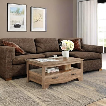 LINSY HOME Farmhouse Coffee Table with Storage, Wood Coffee Table for Living Room, Open Display Area and Storage Drawers with Metal Handles, Chic Style with Curved Base, Brown