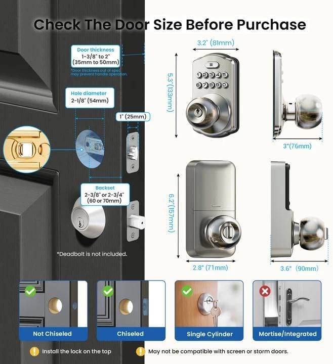 Veise Keypad Door Knob Lock, Keyless Entry Digital Lock with Handle, Electronic Smart Knob for Front Door & Bedroom, Easy Install, Auto Lock, Passage Mode, Anti-Peeping Password, Satin Nickel