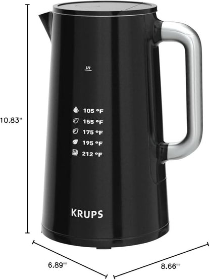 KRUPS Smart Temp Electric Kettle: 1.7L Capacity, 5 Precise Temperature Settings, Digital Display, Cool-Touch Exterior, Cordless Design for Tea and Coffee Lovers