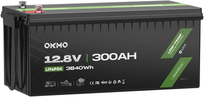 OKMO 12V 300Ah LiFePO4 Lithium Battery 150A BMS 3840Wh Rechargeable Battery for Solar Systerm,RV,Camping,Battery Backup,Marine and Home Energy Storage