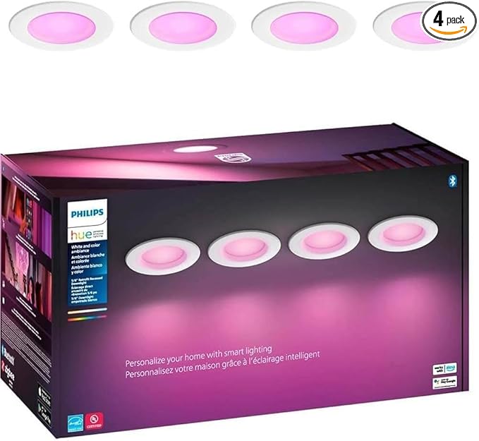 Philips Hue Smart Recessed 5/6 Inch LED Downlight 4 Pack, White and Color Ambiance Color-Changing Light, 1100LM, Control with Hue App, Compatible with Alexa, Google Assistant and Apple HomeKit