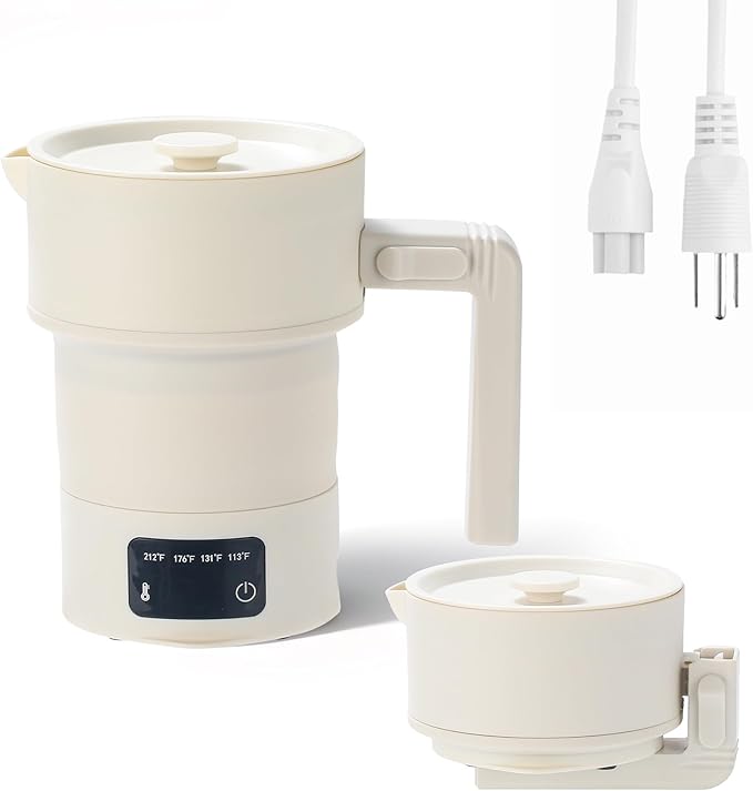 Portable Electric Kettle-600ML Collapsible Electric Kettle，600W Travel Water Boiler with 4-Temp Presets, Food Grade Silicone for Camping,Hotel, Office