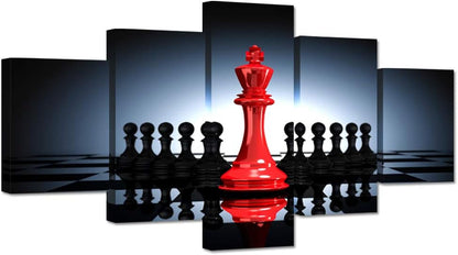 iHAPPYWALL Large 5 Pieces Modern Black And Red King And Knight Chess Pictures Print Canvas Wall Art for Home Chess Game RoomLiving Room Decor Ready To Hang