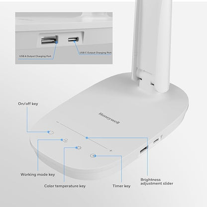 Honeywell LED Desk Lamp - HWT-H2 Sunturalux™ Eye-Caring Foldable Desk Light with USB A+C Dual Charging Port 4 Color Modes Dimmable Table Lamp for Home Office Bedroom Reading Study Work - White