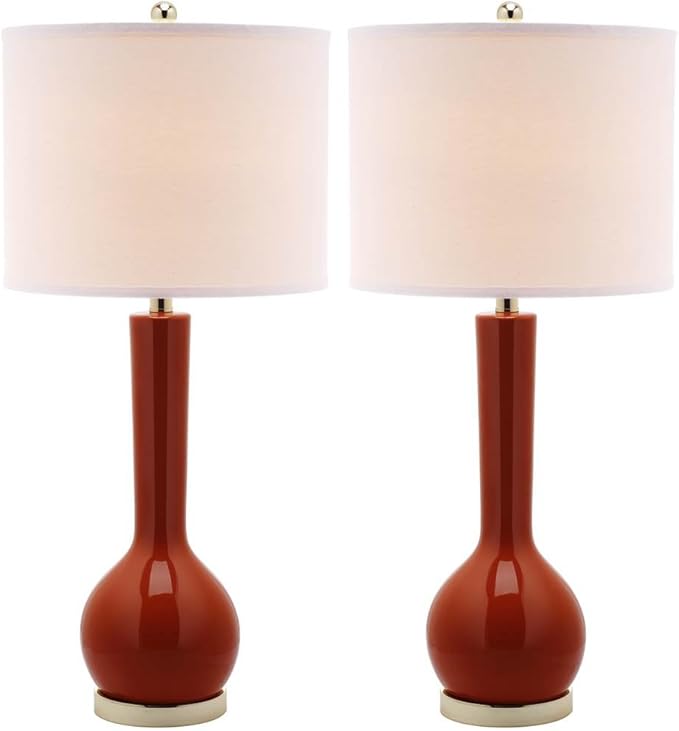 SAFAVIEH Lighting Collection Mae Long Neck Modern Contemporary Blood Orange Ceramic 31-inch Bedroom Living Room Home Office Desk Nightstand Table Lamp Set of 2 (LED Bulbs Included)