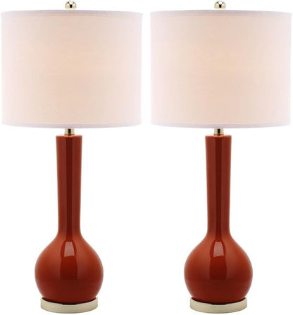 SAFAVIEH Lighting Collection Mae Long Neck Modern Contemporary Blood Orange Ceramic 31-inch Bedroom Living Room Home Office Desk Nightstand Table Lamp Set of 2 (LED Bulbs Included)