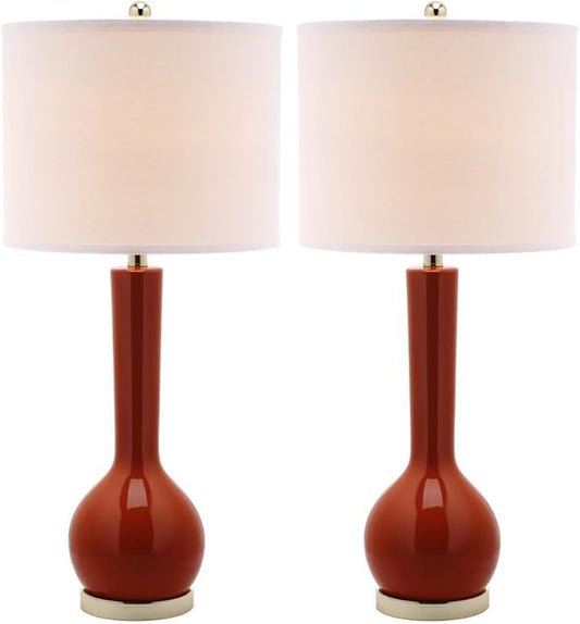 SAFAVIEH Lighting Collection Mae Long Neck Modern Contemporary Blood Orange Ceramic 31-inch Bedroom Living Room Home Office Desk Nightstand Table Lamp Set of 2 (LED Bulbs Included)