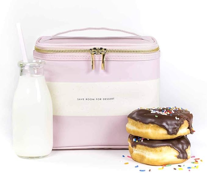 kate spade new york Small Insulated Lunch Tote, Lunch Cooler, 8 x 7 x 4.5 Cute Lunch Bag for Women, Pink Thermal Bag with Double Zipper Close and Carrying Handle, Blush Rugby Stripe
