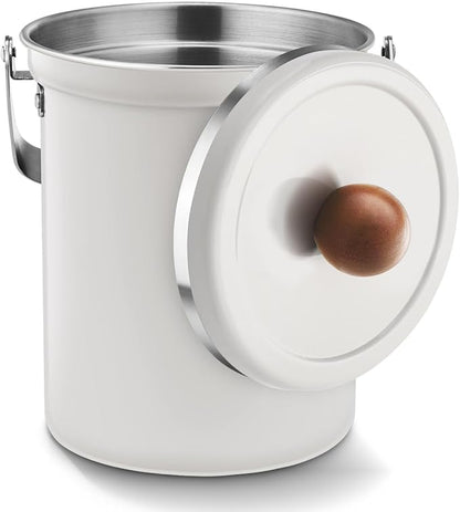 Kitchen Countertop Compost Bin 101ounces / 3Liters, Airtight Lid SUS304 Stainless Steel Odor-Free Food Waste Bin with Wooden Handle Stylish Design/Bathroom Trash Can (White)