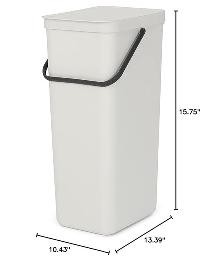 Brabantia Sort & Go Kitchen Recycling Bin | L / 10.6 Gal / 40L | Light Gray | Removable Stay-Open Lid, Carry Handle | Trash Can for Bottles, Cans, Paper, Glass | Wall Bracket Sold Separately