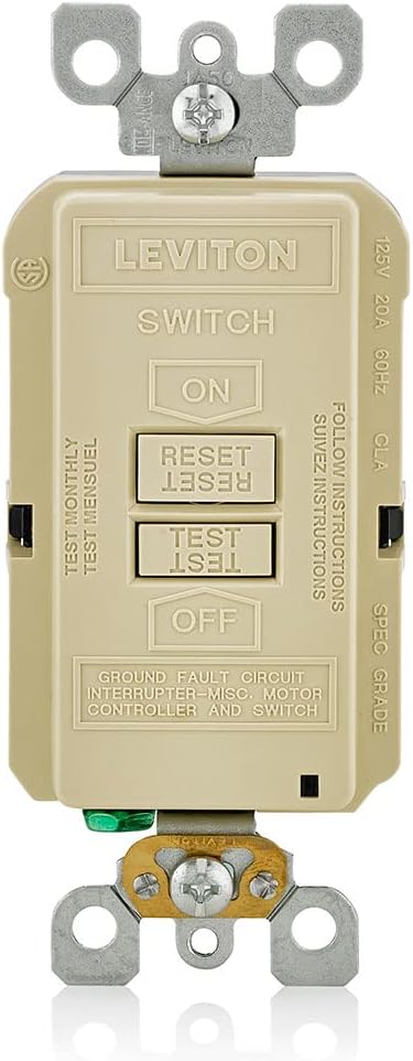 Leviton Blank Face GFCI, 20 Amp, Self Test, LED Indicator Light, Provides GFCI Protection Where an Outlet is not Needed, GFRBF-I, Ivory